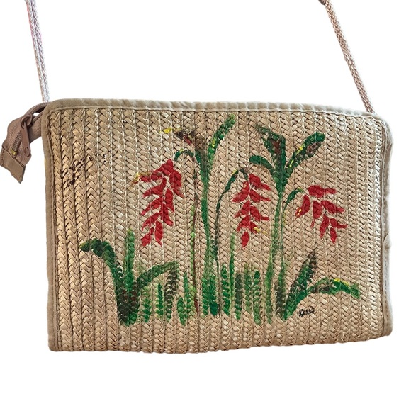 Vintage 70s double sided art straw handbag hand painted floral pastel - Picture 5 of 16